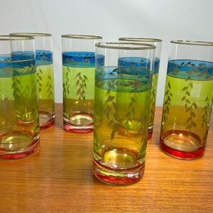 Vtg MCM Tall glasses Tumblers set Of 6 Tri-tone gold rims barware Green Blue Red